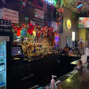 a bar decorated for christmas