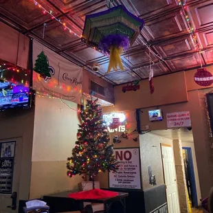 a christmas tree in a restaurant