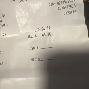 Receipt for 2 drafts and 2 shots of jamo... crazy