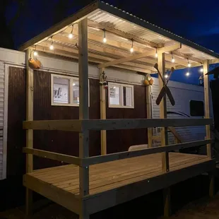 a small cabin at night