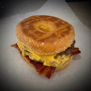 Bacon cheeseburger on a doughnut