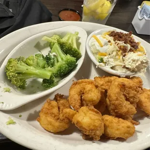 Fried Shrimp Dinner, Broccoli, Loaded Mash