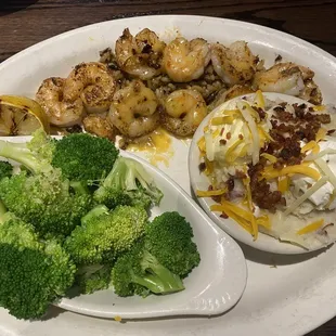 Shrimp Dinner with loaded mashed potatoes and broccoli