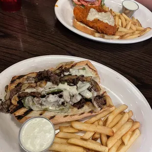 Steak and cheese sandwich; Buffalo chicken sandwich