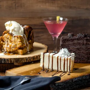 a slice of cake and a cocktail