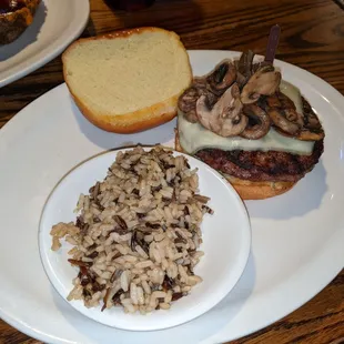 Mushroom Swiss burger w wild rice