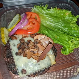 Mushroom Swiss burger, carryout