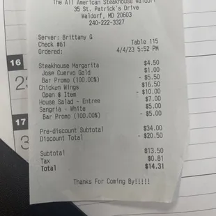 2 drinks had to be removed. Luckily, I went on library night and got $10 off food.