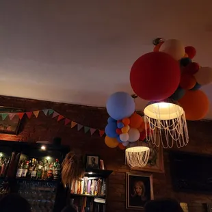 a bunch of balloons hanging from the ceiling