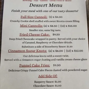 Menu - super special desert menu! as of 10-30-2024