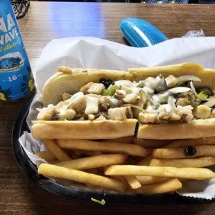 Chicken Philly n fries friday lunch special with a side of Kona brew.