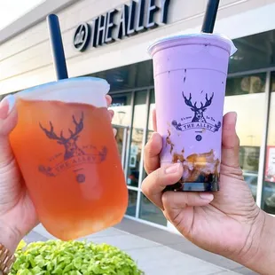 Mango green tea - regular and UBE crème brûlée - large