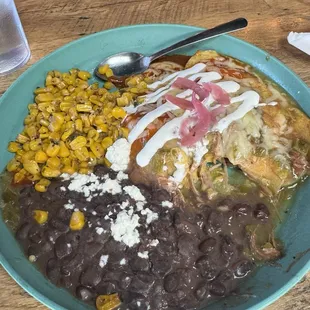 Green Chilli Carnitas quesadillas.  Excellent beans and sweet corn