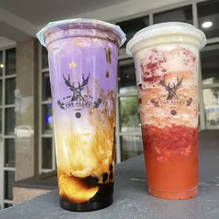 Left to Right: Ube Creme Brûlée Brown Sugar Deerioca Milk &amp; Snow Strawberry Smoothie
