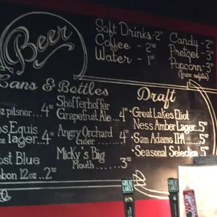 Snacks and beers (cans, bottles and draft!). Really affordable -- and Free refills on popcorn!