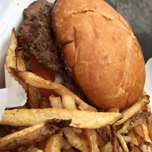 a hamburger and french fries