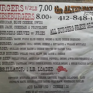 a menu for burgers and cheeseburgers