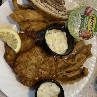 Fried perch with potato pancakes and gunnies onion rings.