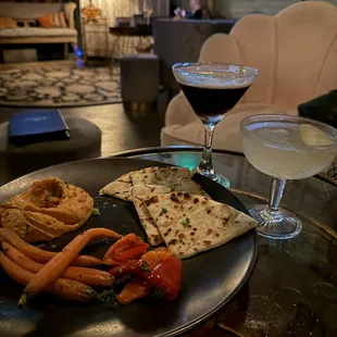 Hummus, espresso martini and French 76