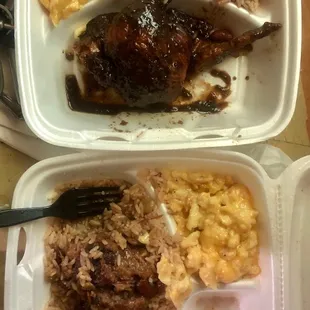 Jerk Chicken, Oxtails, Rice and Peas, Mac and Cheese