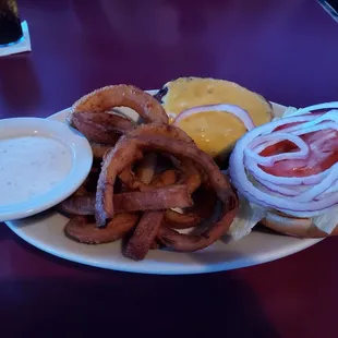 Cheeseburger, onion rings, ranch