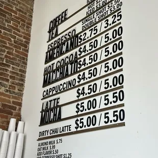 Coffee menu