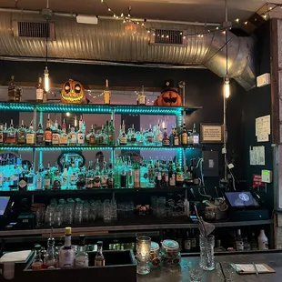 a bar with halloween decorations