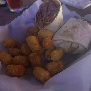a burrito and tater tots