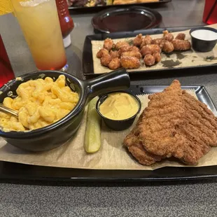 Chicken tender basket and mac and cheese