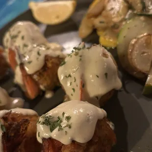 This is the &quot;Stuffed Shrimp&quot;. It is shrimp stuffed with crab meat and my  side is the zucchini squash. It was all delicious!