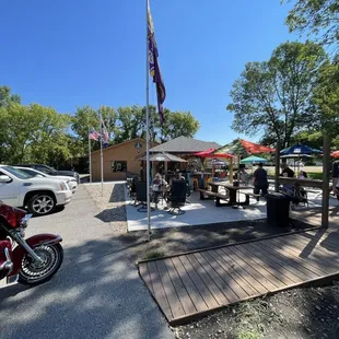a motorcycle parked in front of a restaurant