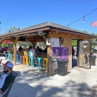 a man sitting in a chair in front of a bar