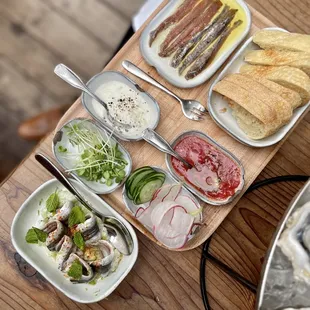 Anchovy Bar Mixed Two, toasted ciabatta, cucumber, creme fraiche, seasoned tomato,  radishes.  Local Boquerones.