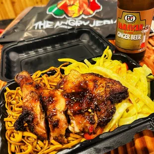 1/4 Quarter Dark - Jerk Chicken w/ Jamaican Chow Mein &amp; Steamed Cabbage!....Thumbs Up!!