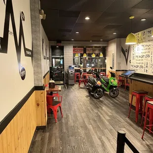 a motorcycle parked in a restaurant