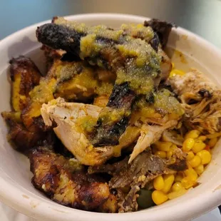 1/4 jerk chicken with plantains and corn