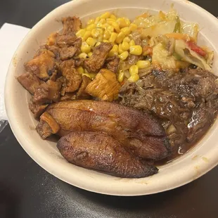 Oxtail Pulled Beef Bowl Plantains Corn Steamed Cabbage Cinnamon Sweet Potatoes
