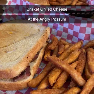 Brisket grilled cheese was pretty flavorless and greasy.  The seasoned fries were very tasty!