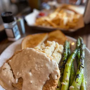 CHICKEN FRIED SEITAN with ASPARAGUS and GARLIC MASHED POTATOES