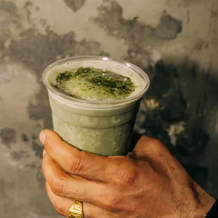 Matcha Nice Cream smoothie with your choice of milk, bananas, matcha, adaptogens, vanilla, rose, and dates