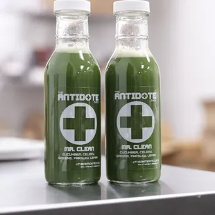 Mr. Clean: cucumber, celery, collards, parsley, lemon; cold-pressed and bottled in-house, raw and never pasteurized