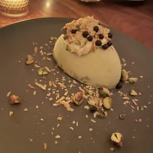Pandan Kulfi, saffron, cardamom, spiced creme fraiche, pistachio, toasted coconut