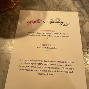 2024 Negroni Week Menu