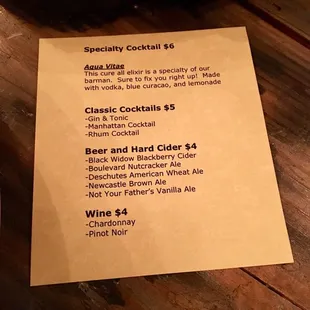 Drink menu -Murder in a Jerkwater Town