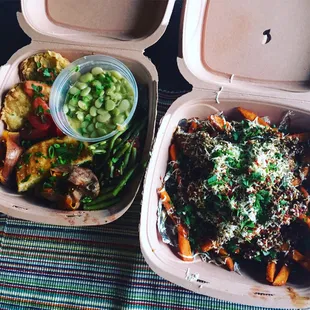 Amazing! Vegetarian southern animal liberation platter along with sweet potatoes fries topped with chicken curry and shredded paneer