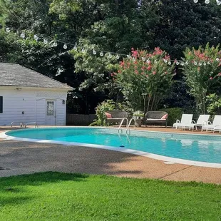 The beautiful backyard with a pool, yard games and a fire pit for smores!