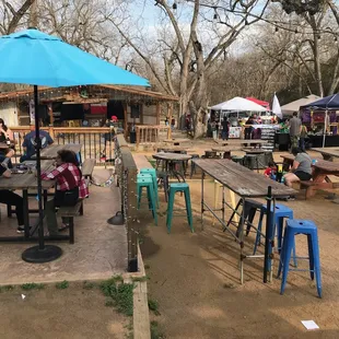 people sitting at tables under umbrellas