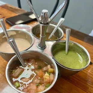 Avocado sauce, pineapple sauce, spicy fresh salsa.