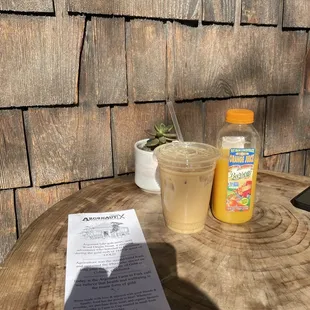 Caramel latte iced and OJ