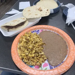 Chorizo eggs and beans with barbaqua taco
